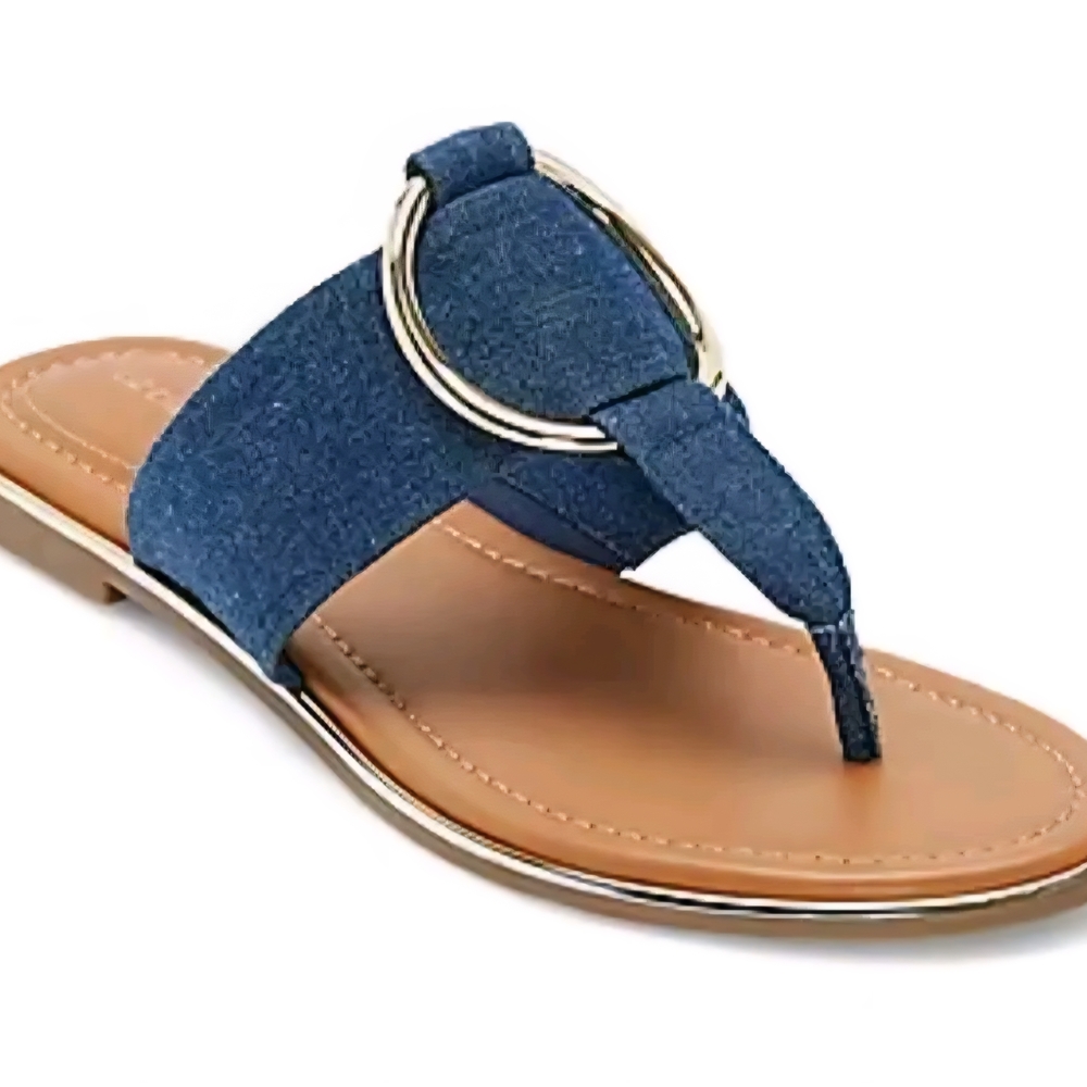 NWT-Liz Claiborne Women's Camillo Flat Gold-Tone Ring Sandals Size 9/Color-Denim